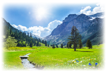 Bright green mountain meadow with a stream, pine trees, rocky peaks, and a cloudy blue sky