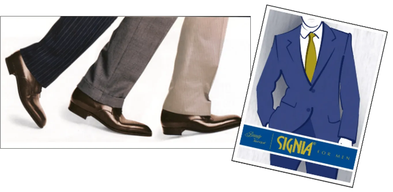 Three pairs of men’s dress pants and shoes beside a blue suit illustration.