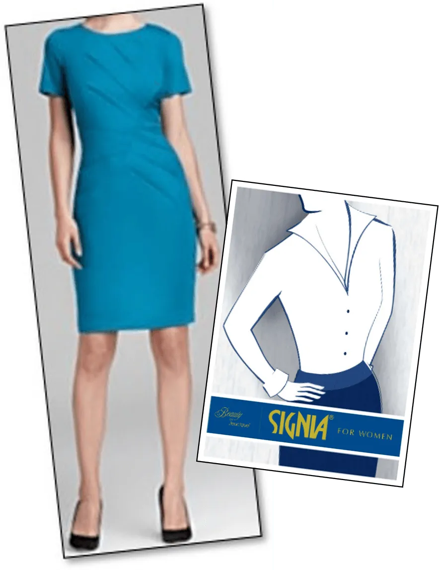 Turquoise fitted dress with short sleeves and a V-neck, shown on a model beside a garment sketch.