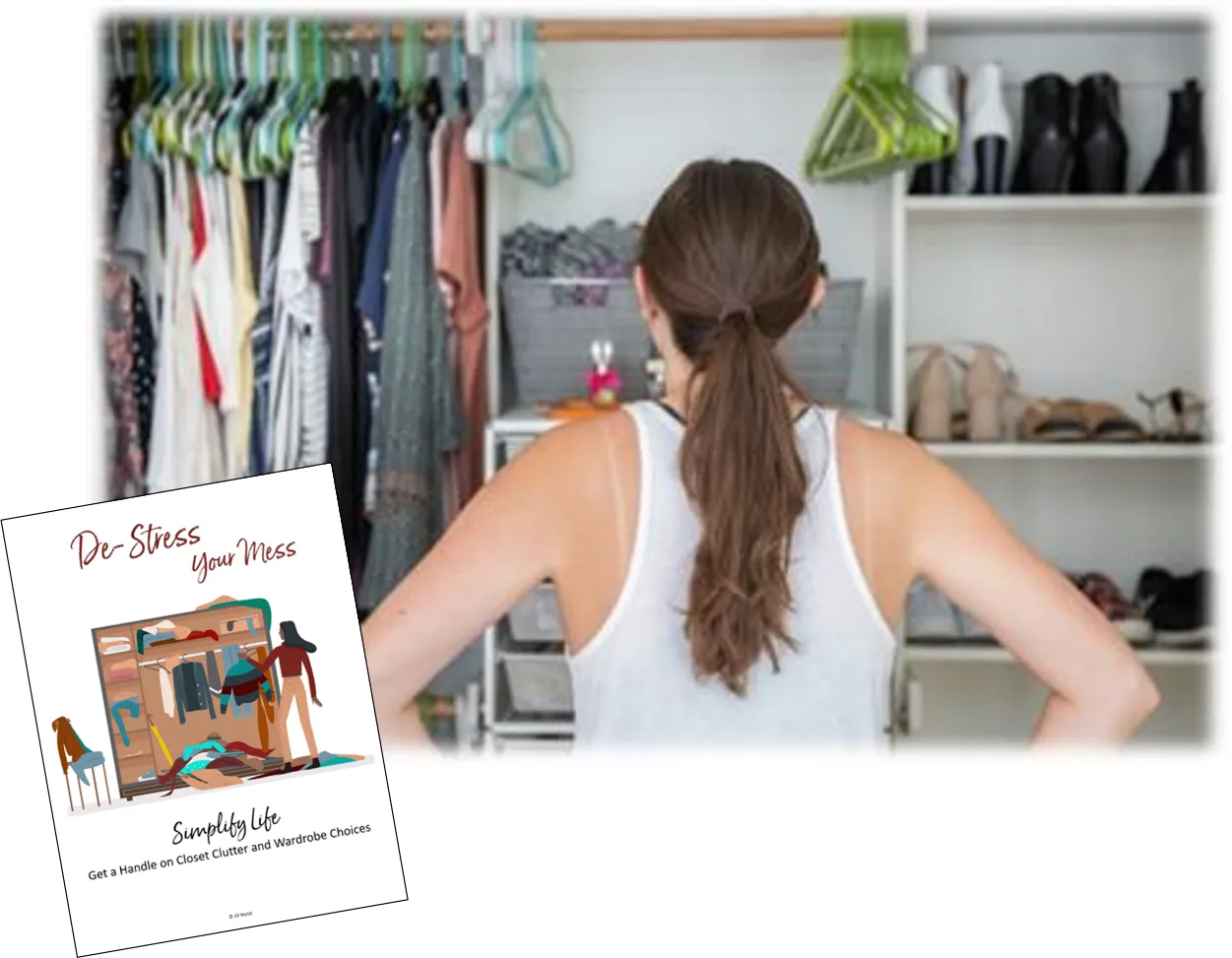Woman seen from behind looking into an open closet with hanging clothes, shoes, and a small decor print.