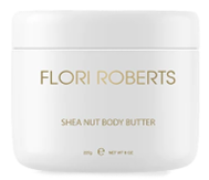 White FLORI ROBERTS Shea Nut Body Butter jar with gold lettering