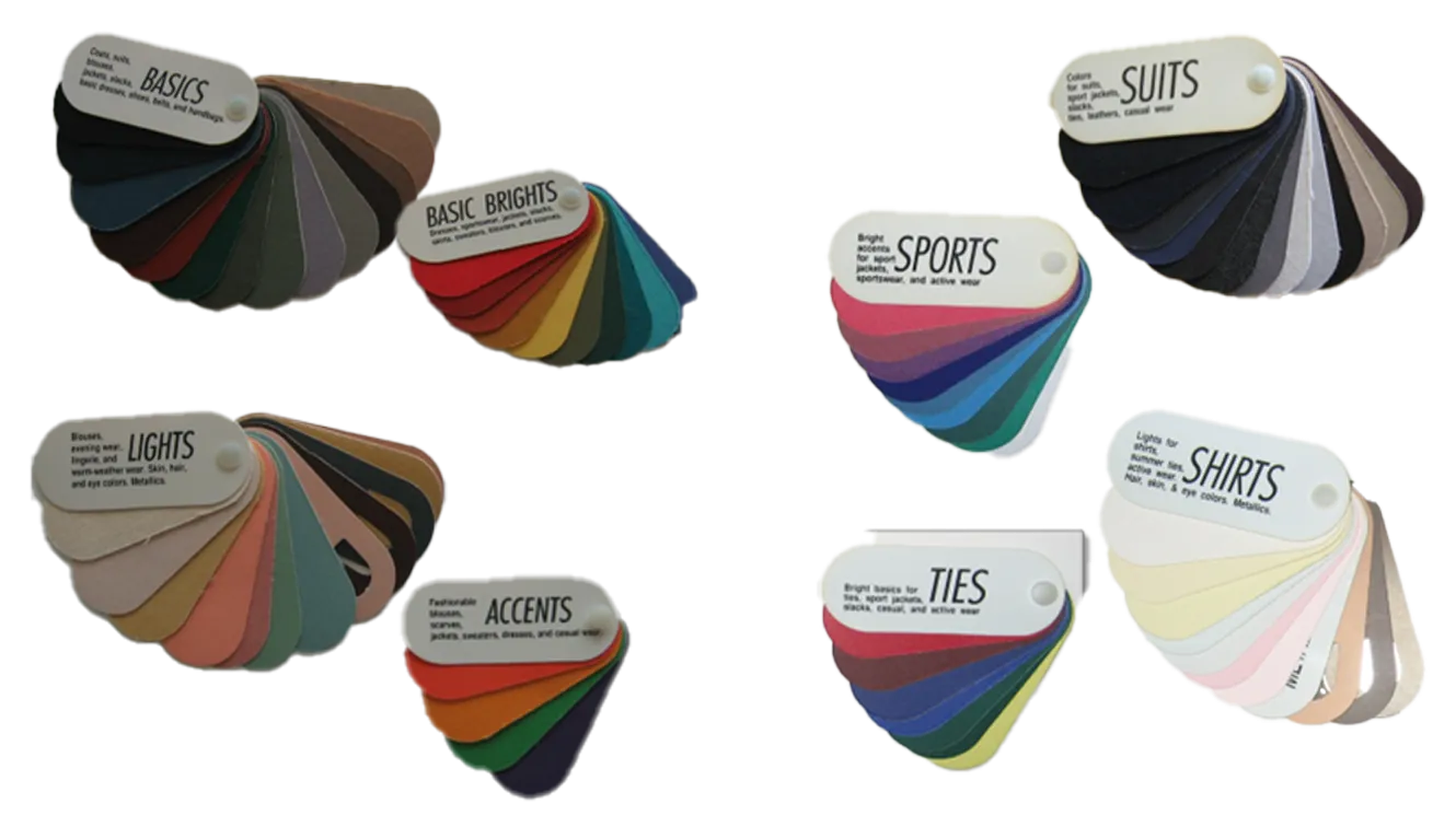 Assorted colorful fabric swatch fans labeled with different styles on a white background.