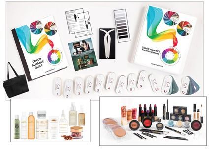 A professional color analysis kit featuring guidebooks, color swatch fans, and an assortment of makeup and skincare items.