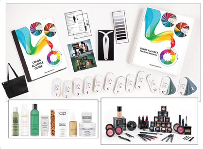 A professional color analysis kit featuring guidebooks, color swatches, cosmetics, and skincare products on a white surface.