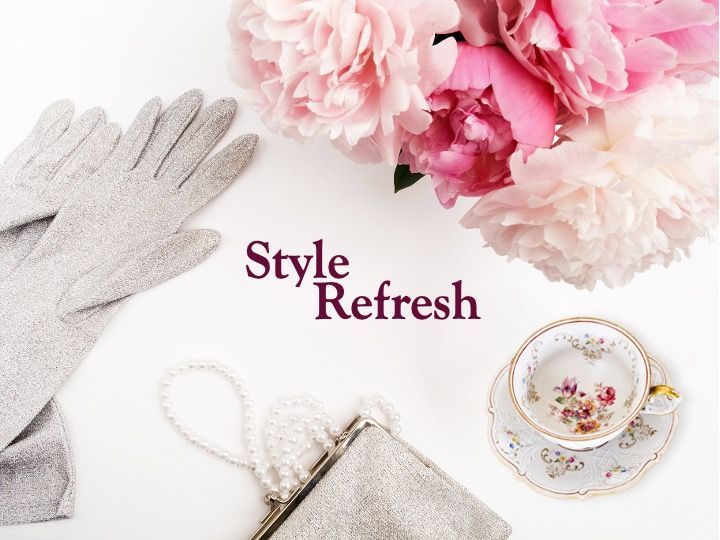 Elegant pastel flat lay with gloves, pearls, teacup, and flowers, labeled “Style Refresh”