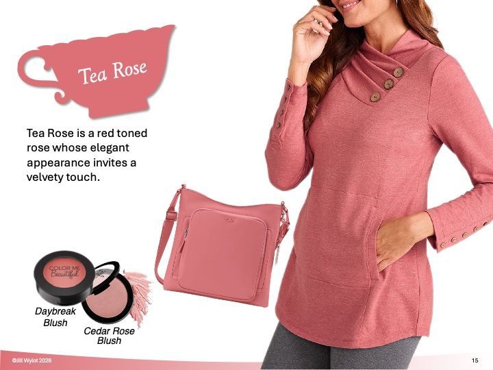 Tea Rose clothing ad with pink rosewood top and matching crossbody bag and blush rose makeup products