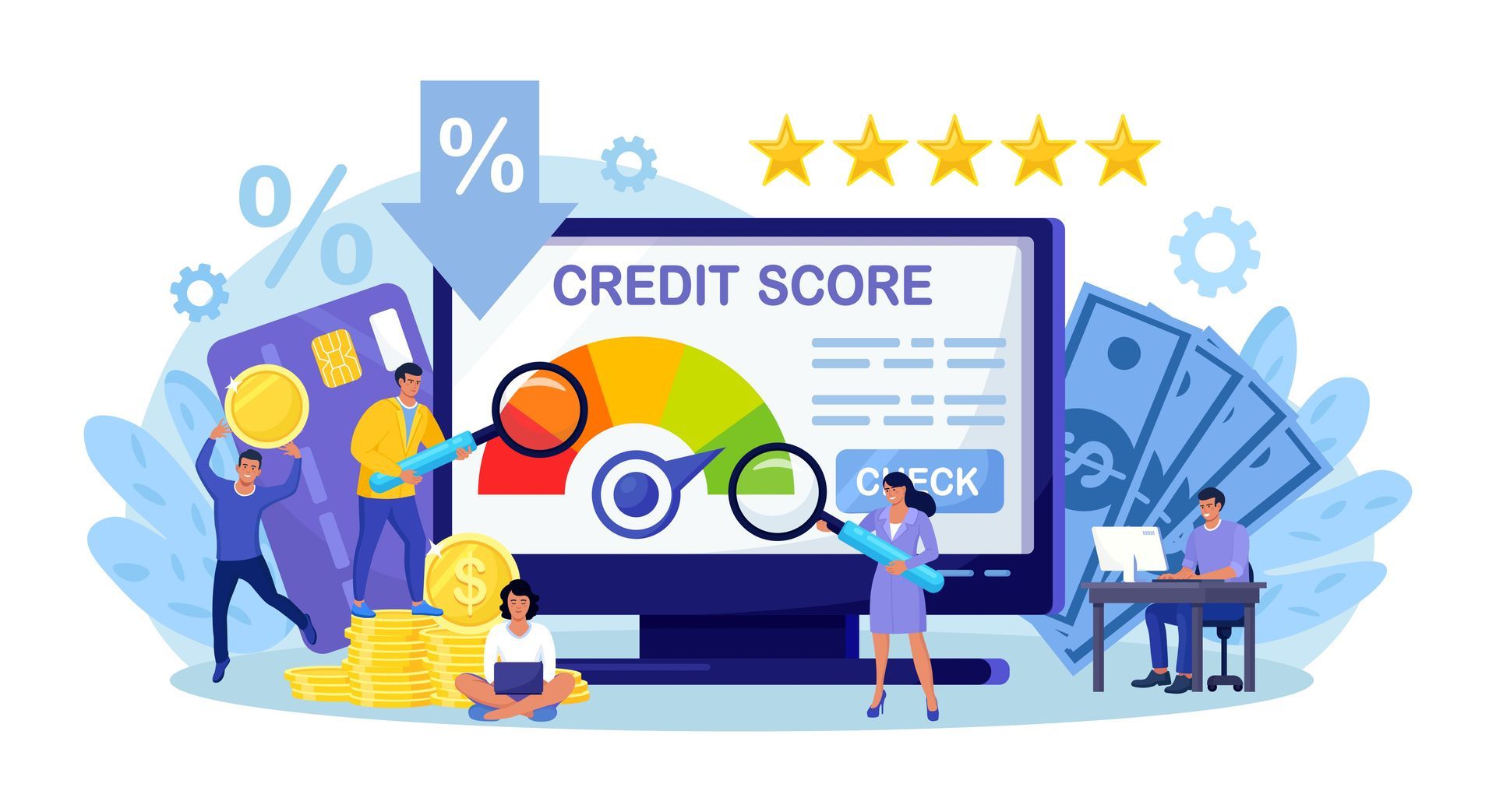 A Group Of People Are Standing Around A Computer Monitor With A Credit Score On It — One Lane Financial In Burdell, QLD 