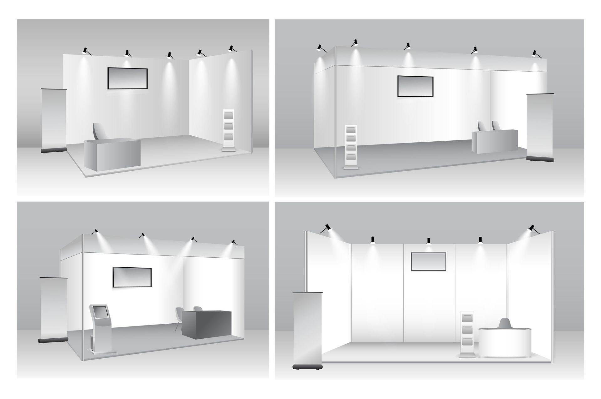 Four white exhibition stand designs with counters, shelves, and spotlights in each layout.