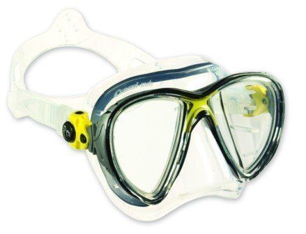 Maschera da sub trasparente con dettagli gialli e cinturino bianco.