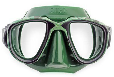 Maschera da sub verde con bordi neri su sfondo bianco.