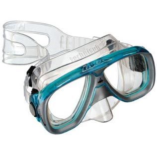 Occhialini da nuoto trasparenti e blu con cinturino regolabile, mostrati su sfondo bianco.
