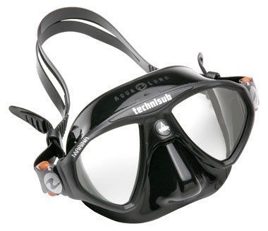 Maschera da sub Technisub nera con lente trasparente e cinturini grigi, isolata su sfondo bianco.