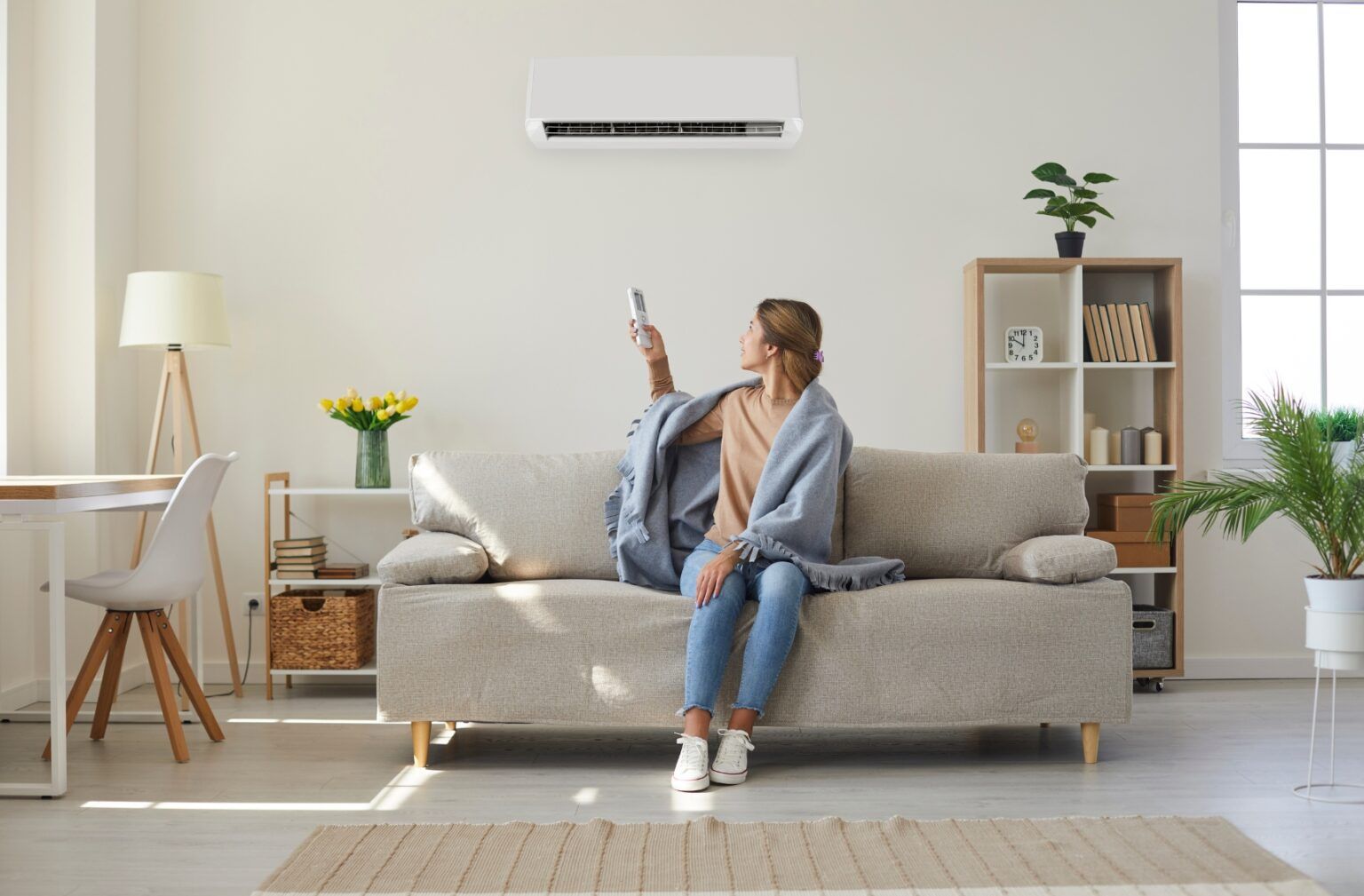 A man and a child are laying on a couch under an air conditioner.