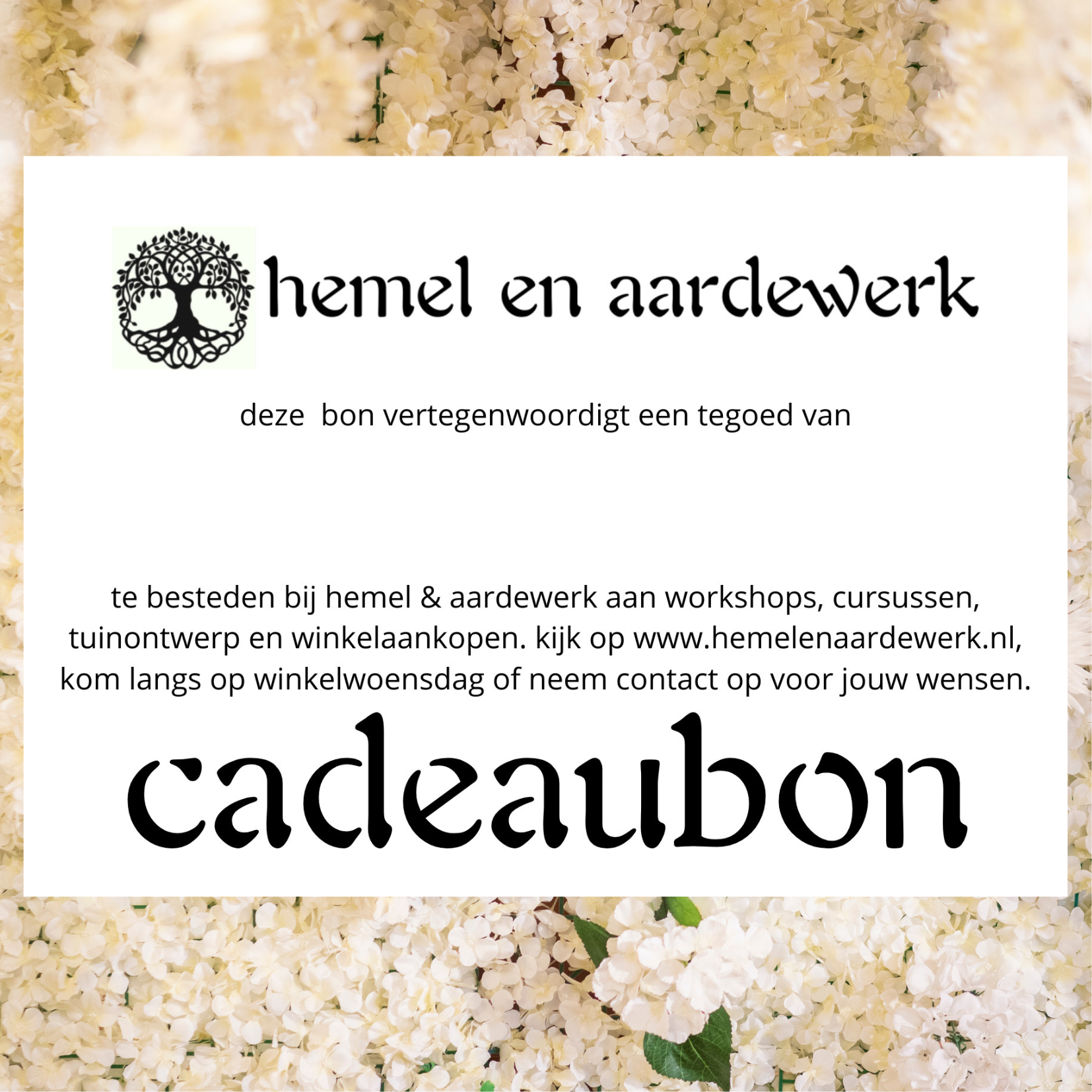 cadeaubon van hemel en aardewerk te besteden aan winkelaankopen workshops cursussen tuinontwerp stookservice