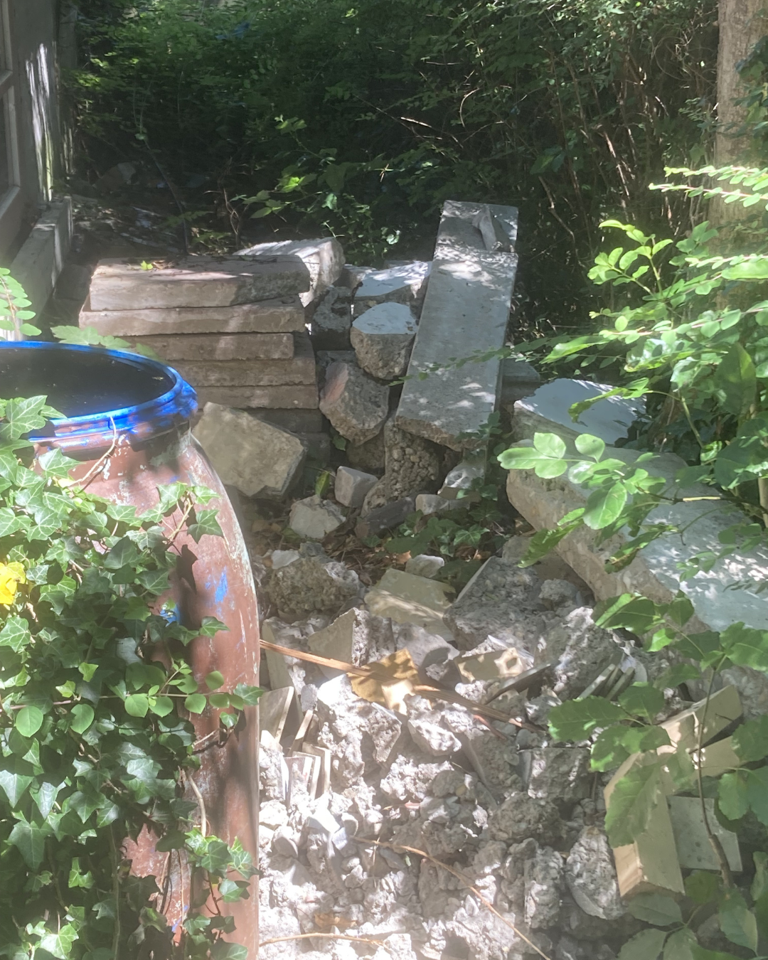 Backyard stone pile and rubble beside a large clay pot and dense green foliage in bright sunlight