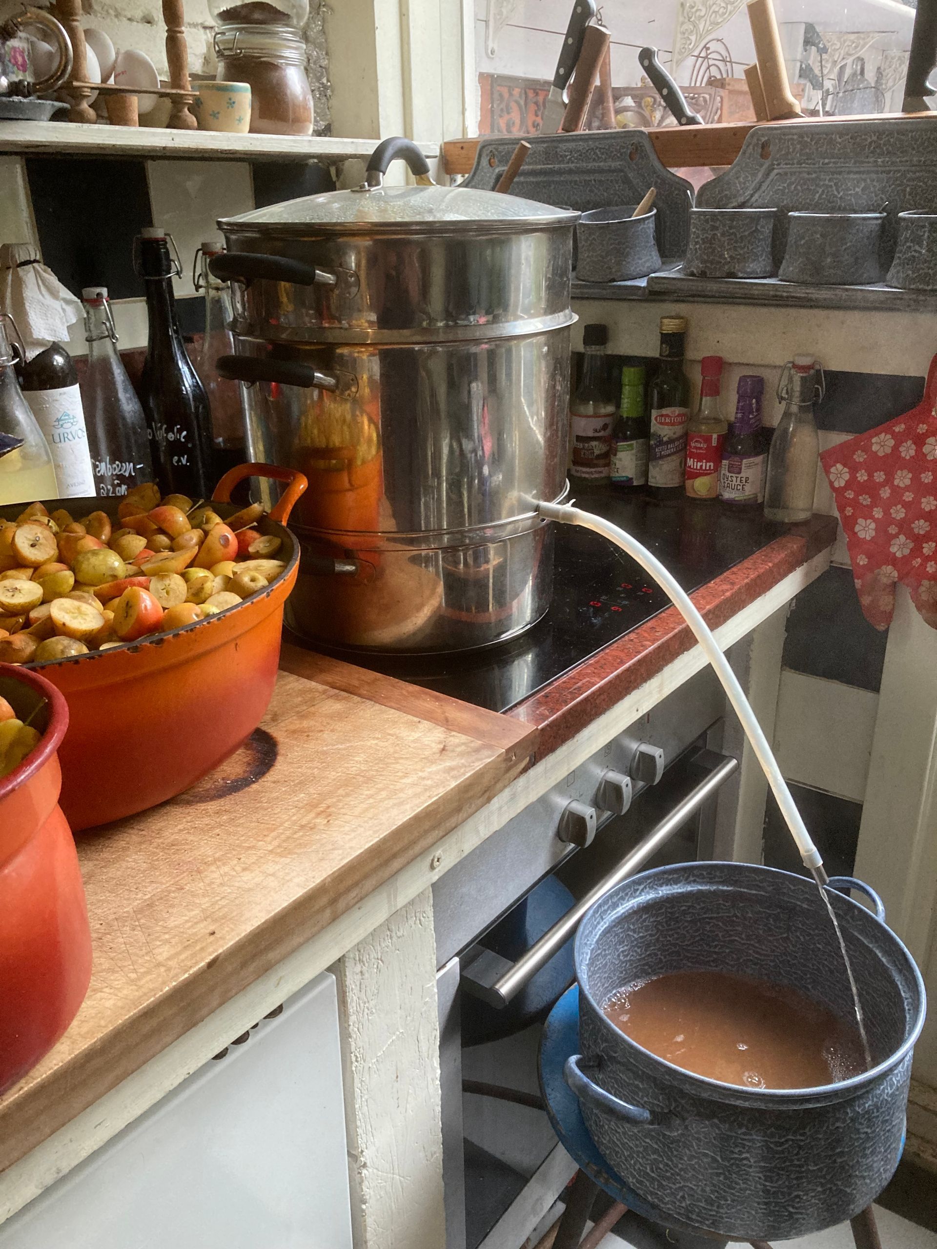 Kitchen counter with a large metal stockpot, a smaller pot on the stove, and bowls of fruit and utensils nearby
