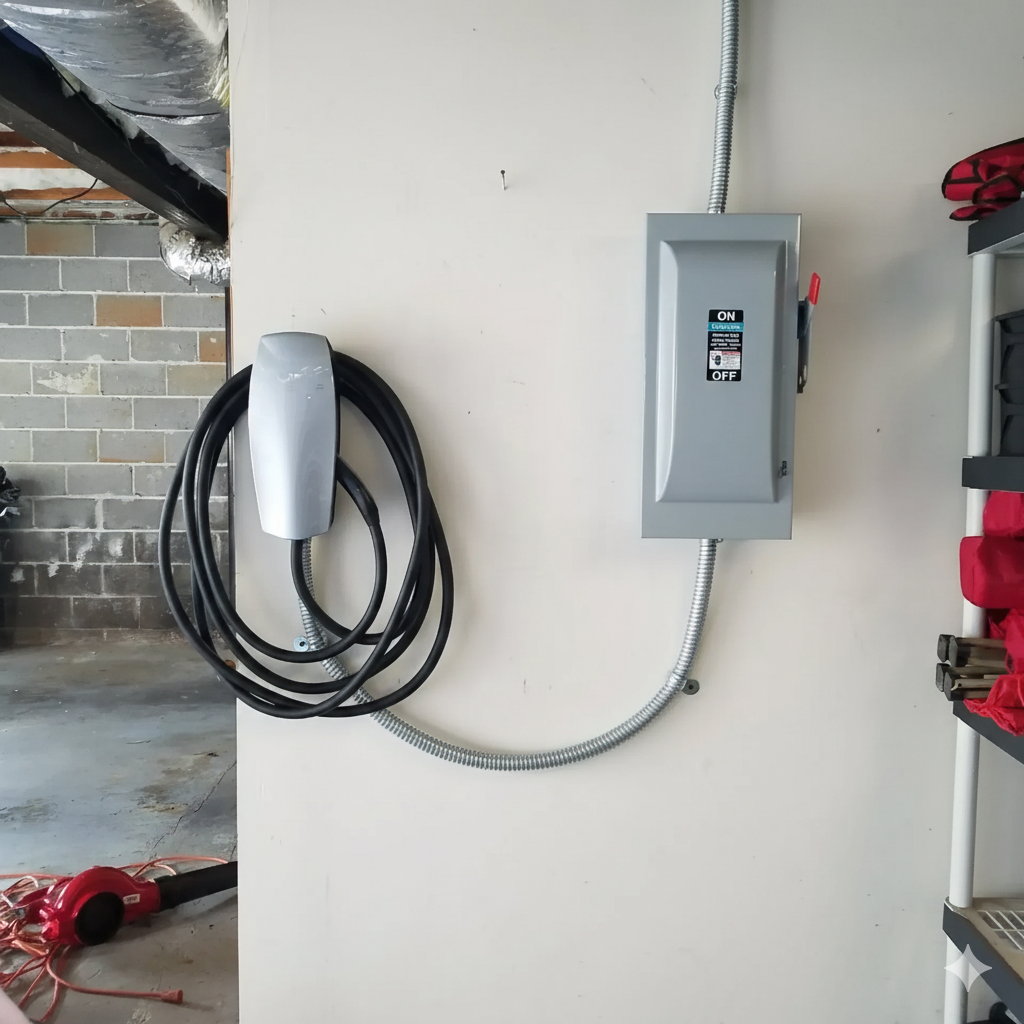 Electric vehicle charger and breaker box mounted on a white wall in a garage