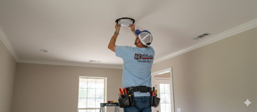 A professional wearing a tool belt installs a recessed light fixture into a white ceiling in a room.