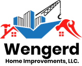 Wengerd Home Improvements, LLC logo with red roofed house, blue buildings, crane, and black text