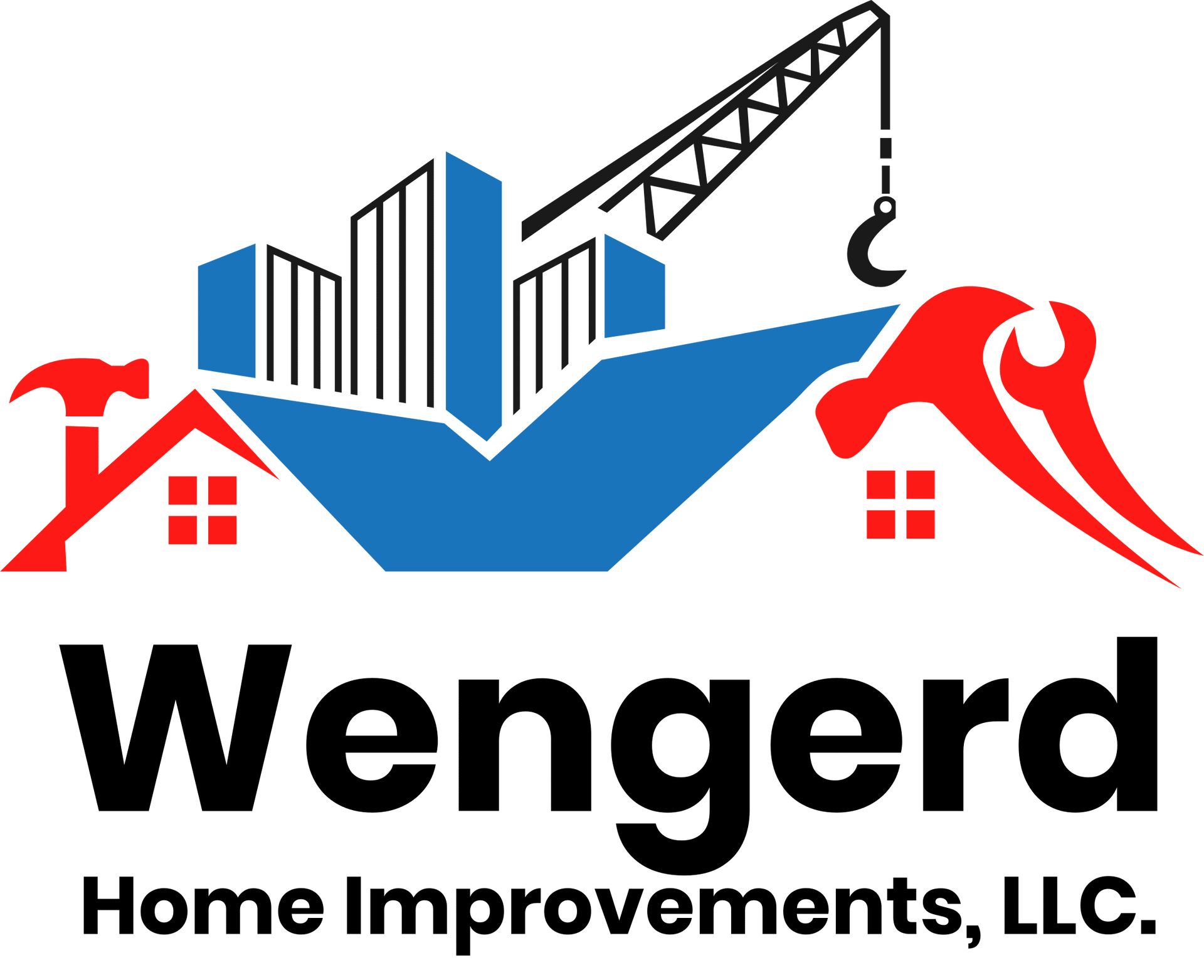 Wengerd Home Improvements, LLC logo with red roofed house, blue buildings, crane, and black text