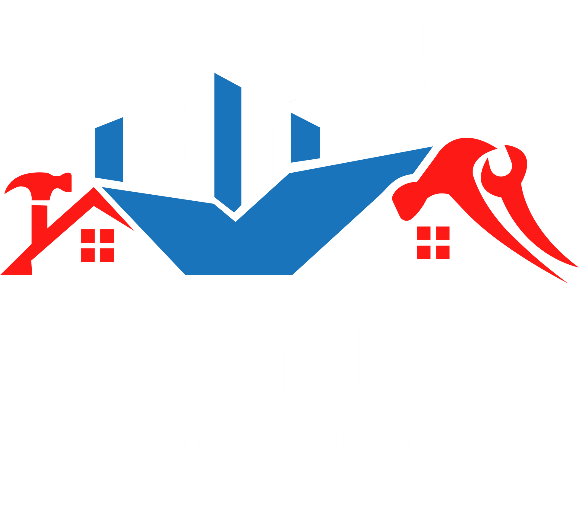 Stylized blue and red roofing logo with houses and chimney-like shapes