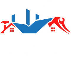 Stylized blue and red roofing logo with houses and chimney-like shapes
