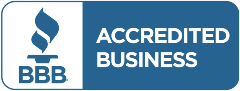 BBB Accredited Business blue-and-white logo with torch icon and text