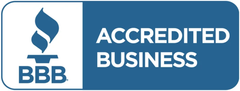 BBB Accredited Business logo in blue and white with torch icon and text