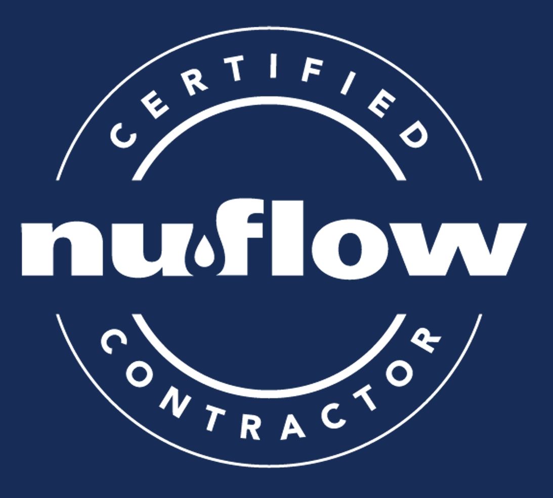 NuFlow Certified Contractor logo in white on a dark blue background