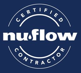 NuFlow Certified Contractor logo in white on a dark blue background