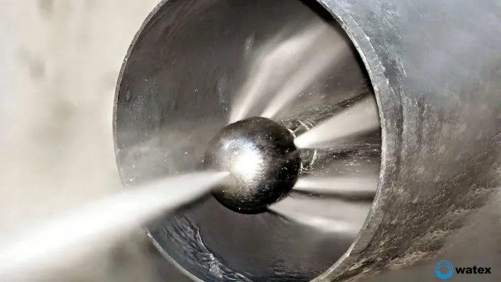 Water jet spraying from a metal nozzle into a cylindrical pipe opening