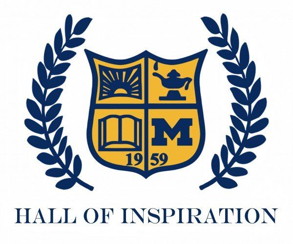 A blue and yellow logo for the hall of inspiration