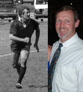 A black and white photo of a man running and a man in a tie