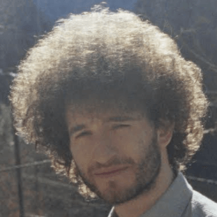 A man with a beard and curly hair looks at the camera
