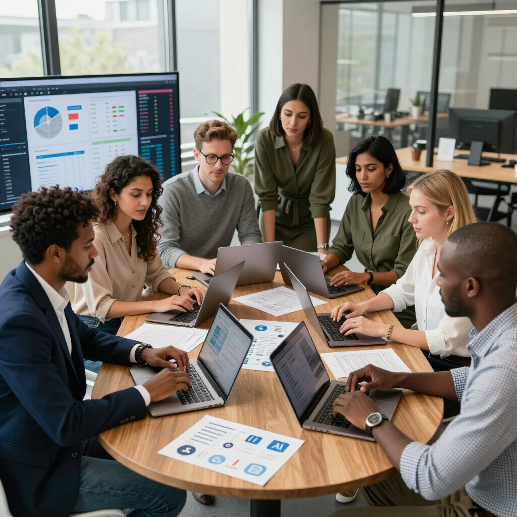 A diverse team of professionals collaborates around a wooden table in an office, using laptops to review data displays.