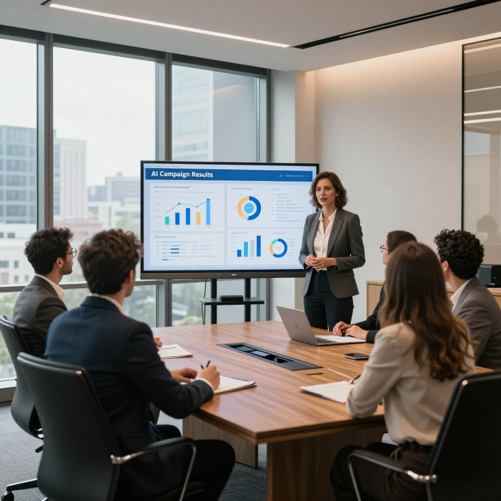 A professional meeting in a bright office as a presenter discusses business charts on a large screen with a team.