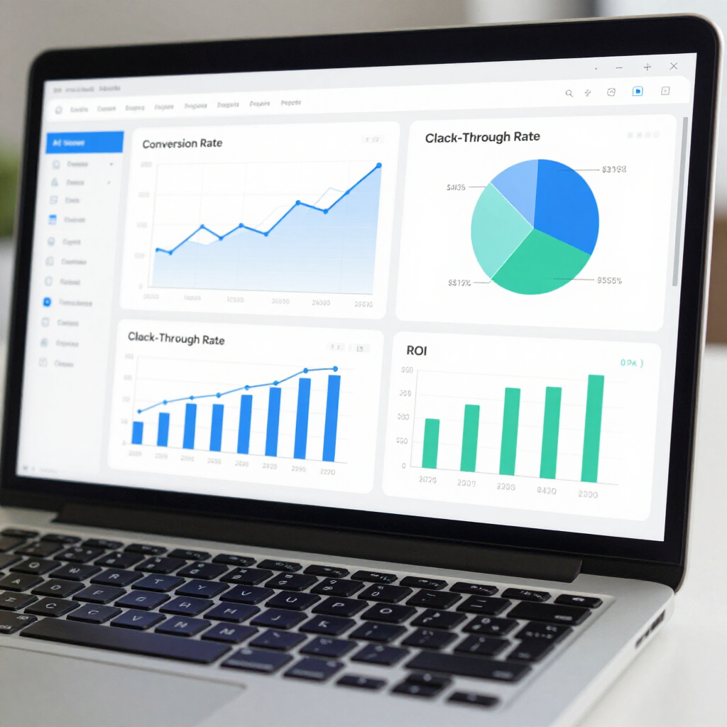 A laptop screen displays a business dashboard with four data charts, including a line graph, pie chart, and bar graphs.