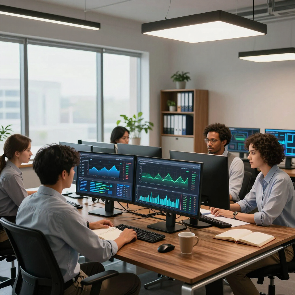 Four professionals work at computers with data visualizations in a modern, brightly lit office.