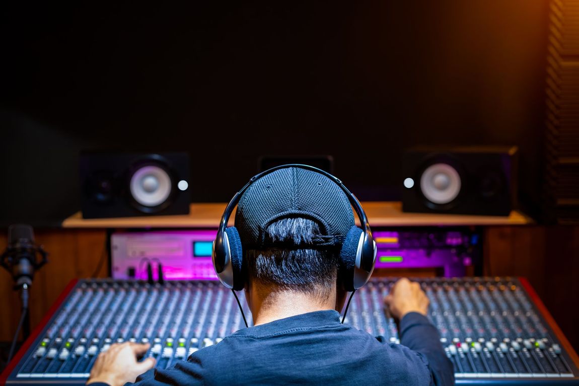 A man wearing headphones is sitting in front of a mixer in a recording studio.