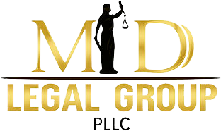Gold and black MLD Legal Group PLLC logo with a lady justice silhouette and scales