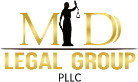Gold and black MLD Legal Group PLLC logo with a lady justice silhouette and scales