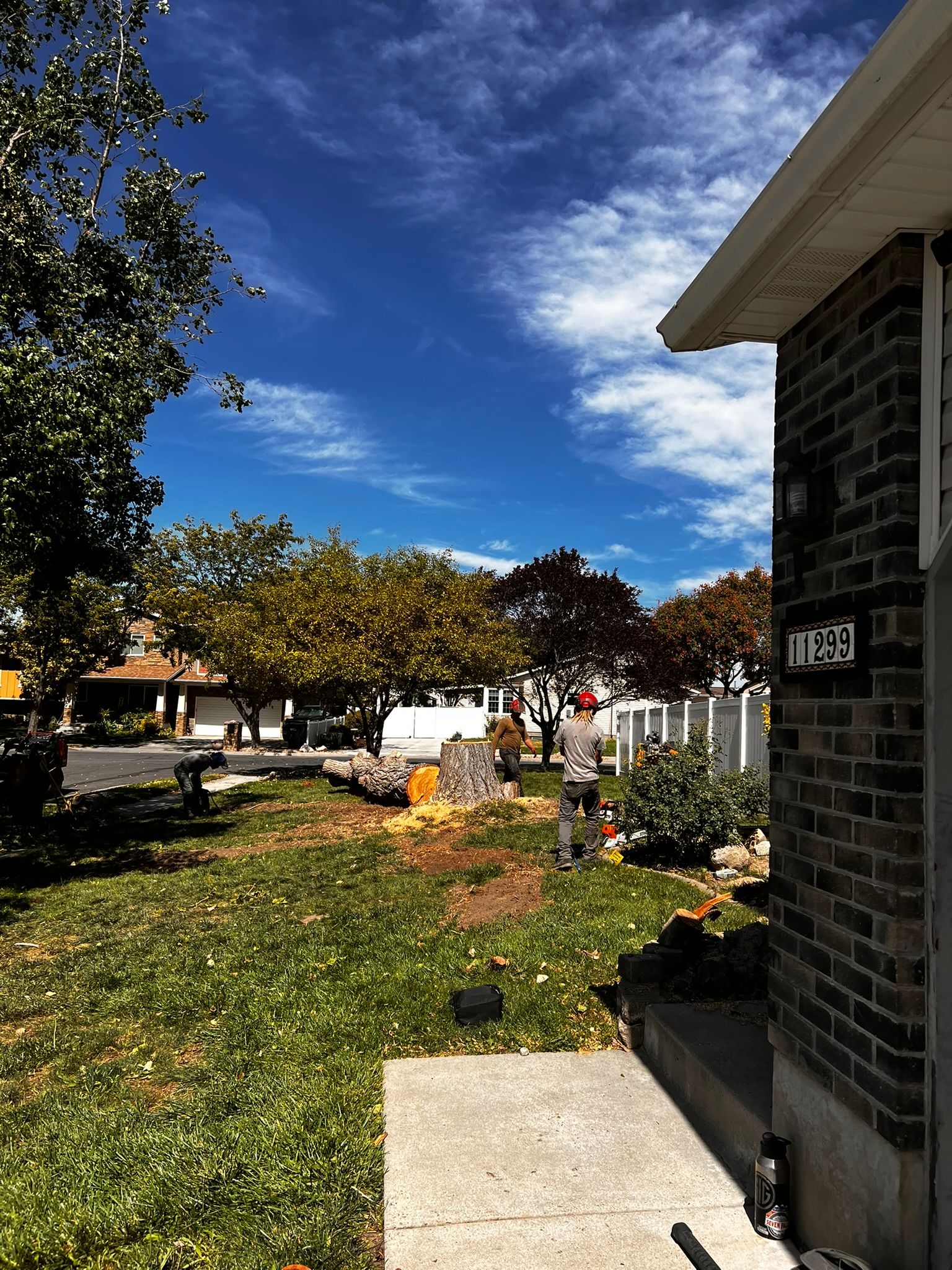 Lawn in front of brick house, person gardening, blue sky with clouds, neighborhood street visible.