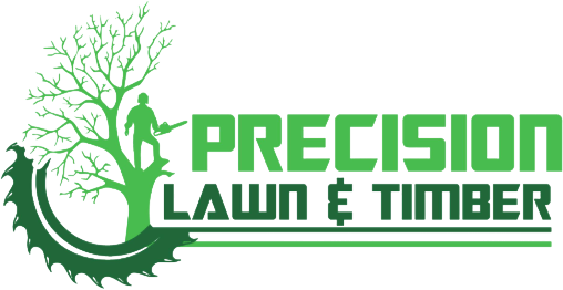Logo: Green tree with silhouette of person using chainsaw, 