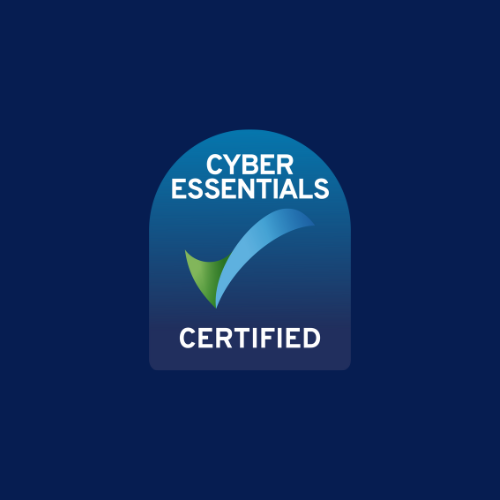 A cyber essentials certified logo on a blue background