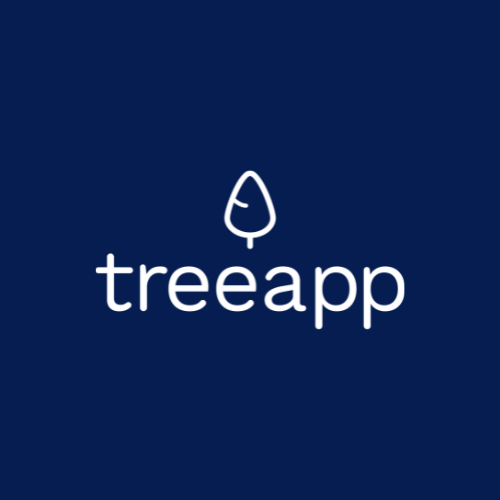 A tree app logo on a blue background.