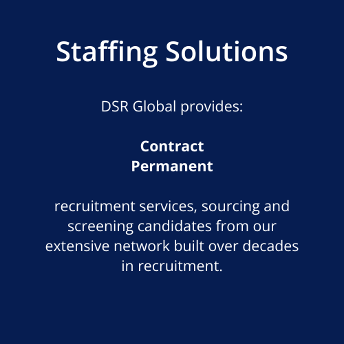 A blue sign that says staffing solutions on it