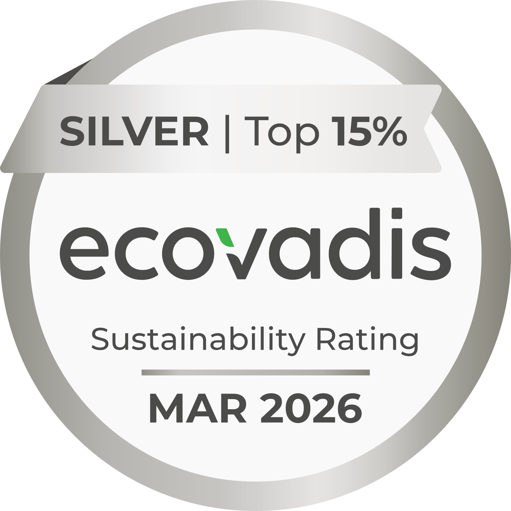 EcoVadis silver sustainability rating badge, Top 15%, MAR 2026