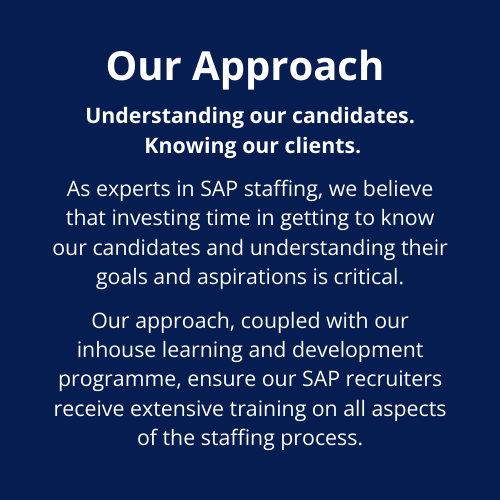 Our Approach. Understanding our candidates. Knowing our clients. As experts in SAP staffing, we believe that investing time in getting to know our candidates and understanding their goals and aspirations is critical. Our approach, coupled with our inhouse learning and development programme, ensure our SAP recruiters receive extensive training on all aspects of the staffing process. Our Approach