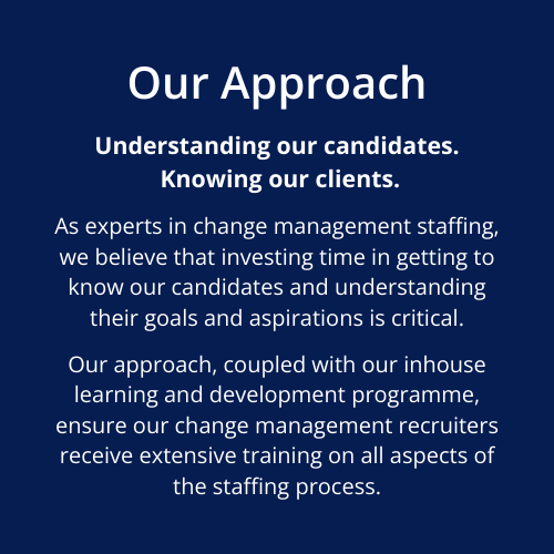 Understanding our candidates. Knowing our clients. As experts in change management staffing, we believe that investing time in getting to know our candidates and understanding their goals and aspirations is critical. Our approach, coupled with our inhouse learning and development programme, ensure our change management recruiters receive extensive training on all aspects of the staffing process. Our Approach