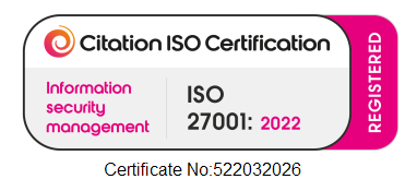 Citation ISO Certification badge for information security management, ISO 27001:2022, with registered seal and certificate number